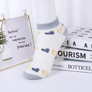 Women summer short ankle socks with cute heart patterns breathable casual socks white