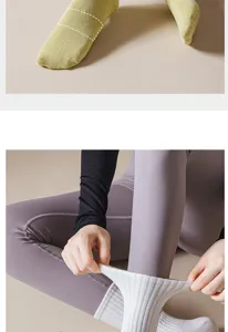 Close-up detail of non-slip yoga socks and sportswear texture, breathable grip design.