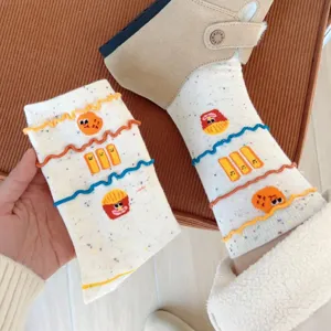 Cute fast food print cotton mid-tube socks, funny burger and fries design slouch socks for women.