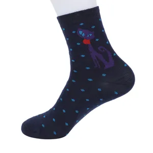 Thickened autumn winter warm cotton socks detail view, dark blue knit cat pattern cozy.