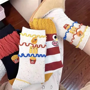 Cute funny fries burger print mid-tube socks, colorful dopamine style cotton kawaii socks.