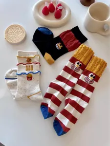Cute dopamine style cotton mid-tube socks featuring funny burger and fries cartoon designs for women.