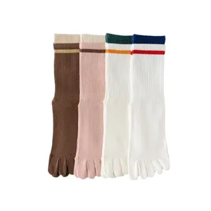 Women's five finger crew socks striped cotton athletic yoga socks four pairs pack.