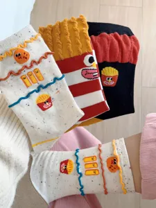 Cute dopamine style funny fries and burger embroidered mid-calf cotton socks for women