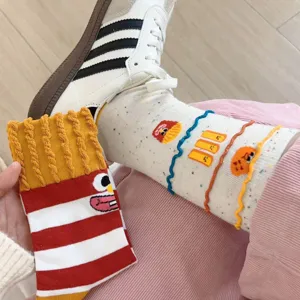 Cute funny fries and burger cartoon pattern women cotton mid-tube socks, detail view.