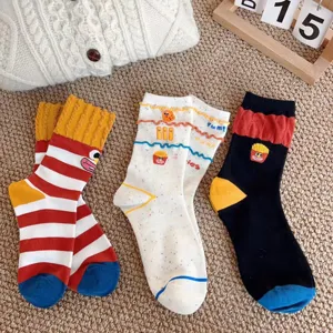 Cute dopamine style funny fries pattern women mid-tube cotton socks, comfortable spring hosiery.