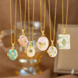 Collar Guardapelo Vintage de Esmalte con Flores y Mariposas para Mujer Cadena de Acero de Titanio Colgante de Corazón y Estrella Bañado en Oro Joyería