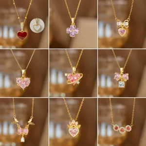 Titanstahl Kupfer Zirkonia Halskette Für Damen Vergoldet Rosa Zirkonia Herz Schleife Krone Saturn Kleeblatt Anhänger Schlüsselbein Kette Schmuck