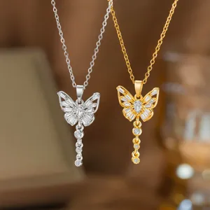 Stainless Steel Pave Rhinestone Butterfly Pendant Necklace For Women Sweet Tassel Geometric Clavicle Chain Jewelry