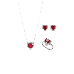 Elegantes Herz-Schmuckset mit rotem Zirkon-Halskette, Ring und Ohrringen für Damen.