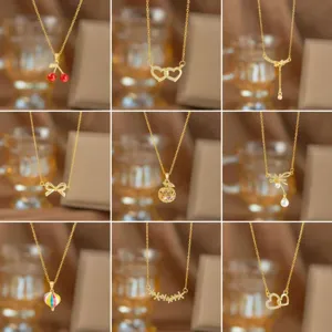 Leichter Luxus Edelstahl Zirkonia Anhänger Halskette Für Damen Elegante Kirsch Herz Bogen Knoten Schlüsselbein Kette Schmuck