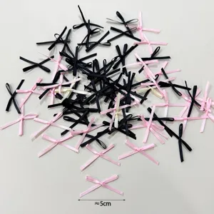 Mini satin ribbon bows bulk set in black pink and white colors for craft and gift decoration.