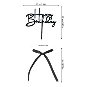 Set di topper per torta Happy Birthday in acrilico nero e nastro con dimensioni.