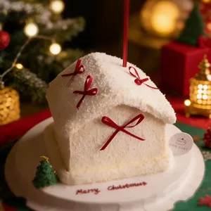Detailed close-up view of Christmas house cake decoration featuring red ribbon bows.