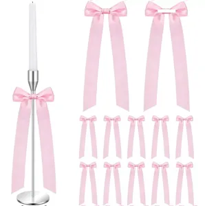 Set of 12pcs pink satin bows with long tails for wedding candle holder party decor