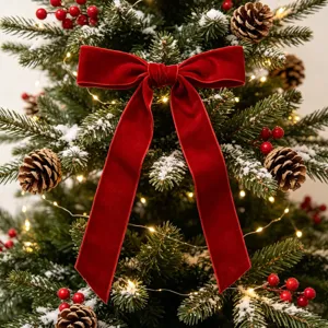 Rote Samtschleife Weihnachtsdetailansicht, perfekte Feiertags-Hängedekoration für Geschenke.