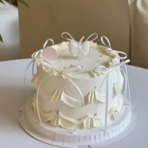 White birthday cake decoration ribbon bow ornament festive dessert baking cake bow topper set