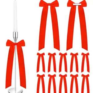 Red ribbon bows for holiday wedding party decor, long tail decorative bows set for candles.