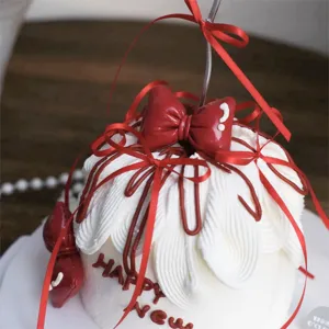 Sweet girl birthday cake decoration red ribbon bowknot ornament festive dessert baking plug-in