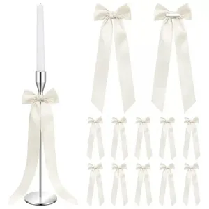 White satin ribbon bows set with long tails, perfect for wedding, party, and home decor.