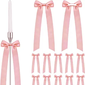12pcs pink ribbon bows set for wedding party decor, long satin hanging bows for curtains.