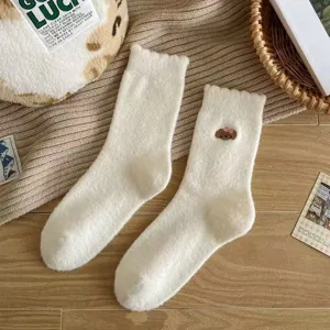 Winter warm fleece socks for women cute embroidered mid-tube cozy thermal winter hosiery