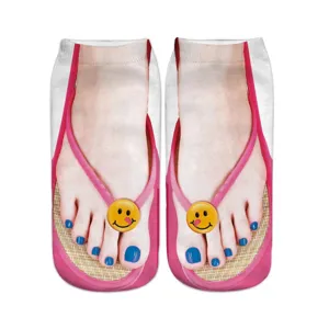 Funny 3D printed flip flop socks with cute manicure toenails and smiley face design.
