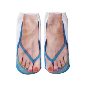 Funny 3D printed flip-flop pedicure novelty ankle socks with colorful toe nail art design.