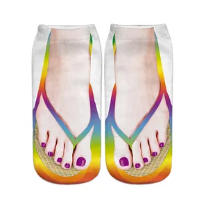 Funny 3D printed flip-flop socks featuring realistic pedicure nail art for daily novelty fun.