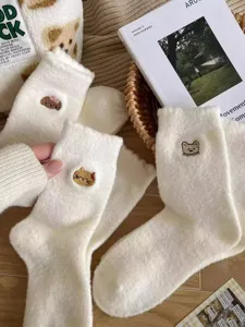 Cute winter fleece socks for women, thick warm mid-tube socks with adorable embroidered cartoon animals.