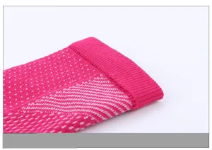 Close-up detail of knitted sports compression sleeve, breathable texture, hot pink and white.