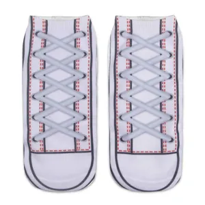 3D sneaker print ankle socks detail view, fun canvas shoe pattern design, soft cotton fabric.
