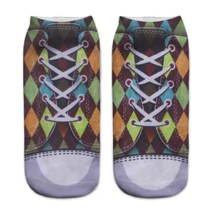 Funny 3D printed sneaker canvas socks colorful argyle pattern novelty ankle socks for women