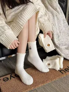 Winter cute cartoon bear embroidery plush mid-tube socks for women warm fleece daily wear detail