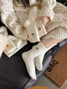 Winter fuzzy socks cute cartoon embroidery warm soft fluffy mid tube socks casual stockings