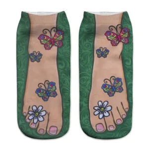Funny 3D printed socks featuring realistic feet, nail polish, butterflies and cute daisy flowers.