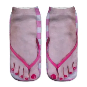 Funny 3D print socks with realistic bare feet and pink flip-flops, quirky novelty short socks.