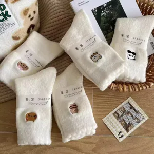 Women Winter Warm Plush Crew Socks Cute Cartoon Animal Embroidery Thickened Soft Casual Home Sleep Socks