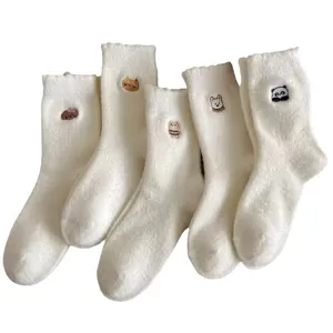 Winter warm fluffy socks for women cute cartoon embroidery mid tube cozy fleece socks white