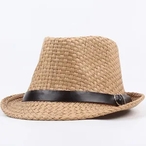 Classic straw fedora hat with brown leather belt detail, stylish summer sun protection accessory.