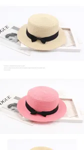 Summer straw hat women vintage flat top hat with bow ribbon beach sunhat outdoor chic.