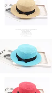 Summer vintage flat top straw hat with black ribbon bow, stylish sun protection beach hat.
