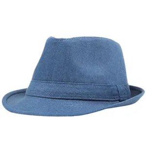 Blue jazz fedora hat detail view, classic gentleman hat style with stylish band decoration.