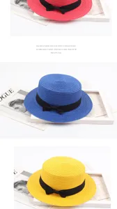 Detailed view of stylish summer straw boater hats featuring elegant black bow ribbons for women.