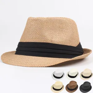 Classic straw fedora hat for men and women summer beach sun protection casual jazz cap design