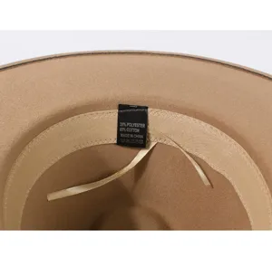 Detailansicht des Innenfutters und Pflegeetiketts eines Fedora-Hutes mit Materialinfos.