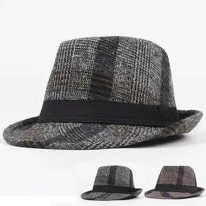 Detailed view of the classic plaid fedora hat with a black band, perfect for casual wear.