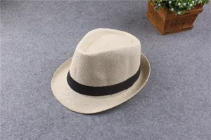 Classic beige straw fedora hat with black band, stylish sun protection panama hat for resort summer.