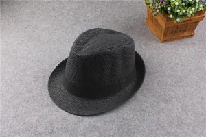 Classic black straw fedora hat for men and women, stylish sun protection beach hat.