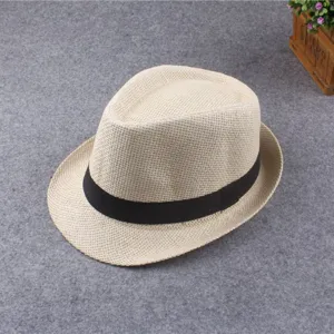 Beige fedora straw hat for men and women, classic black band sun protection beach vacation hat.